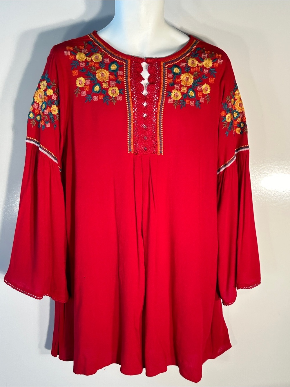 Umgee SZ M Red Embroidered Baby Doll Dress Boho Country Cottage Western Peasant